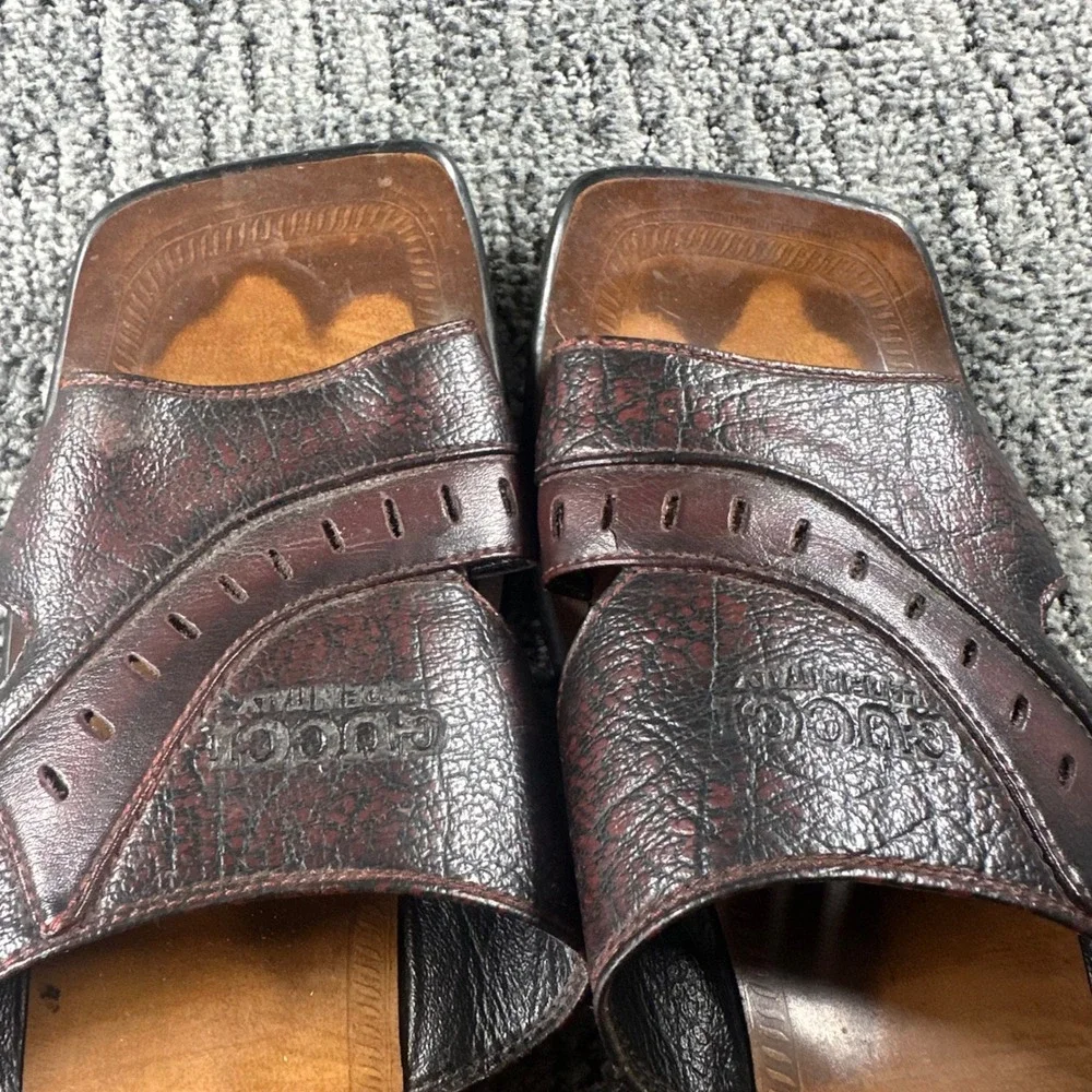 VTG Gucci Slide Sandals Mens 9 Dark Brown Leather Square Toe Made in Italy